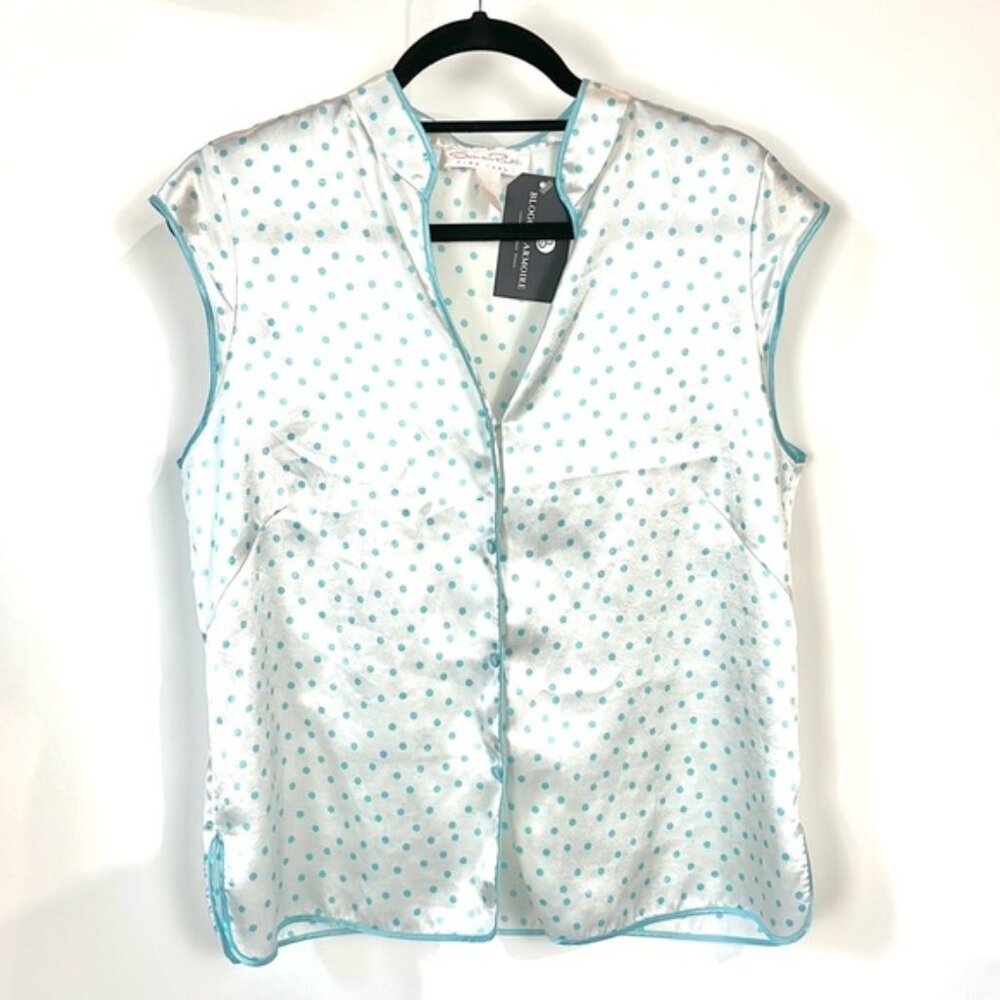 Oscar de la Renta Pink Label White Polka-Dot Cap-Sleeve Buttoned Blouse
